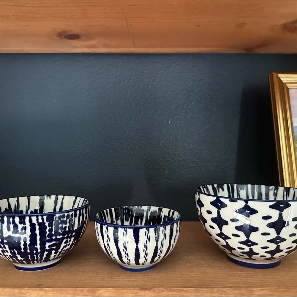 3 West Elm Blue and White Ceramic Art Bowls